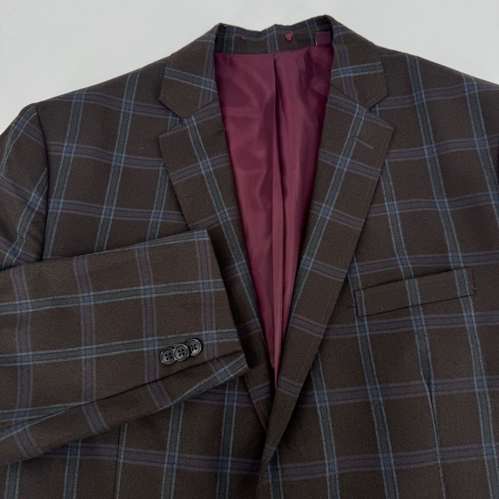 Johnston & Murphy Mens Brown Blue Plaid Two Button Blazer Sport Coat XL